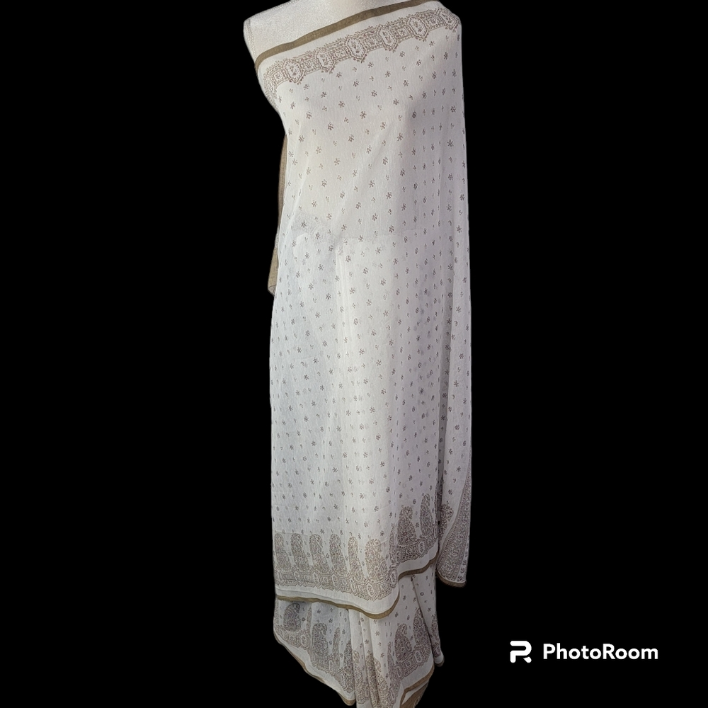 Brown, gray/grey, purple, white paisley print polyester blend saree/sari